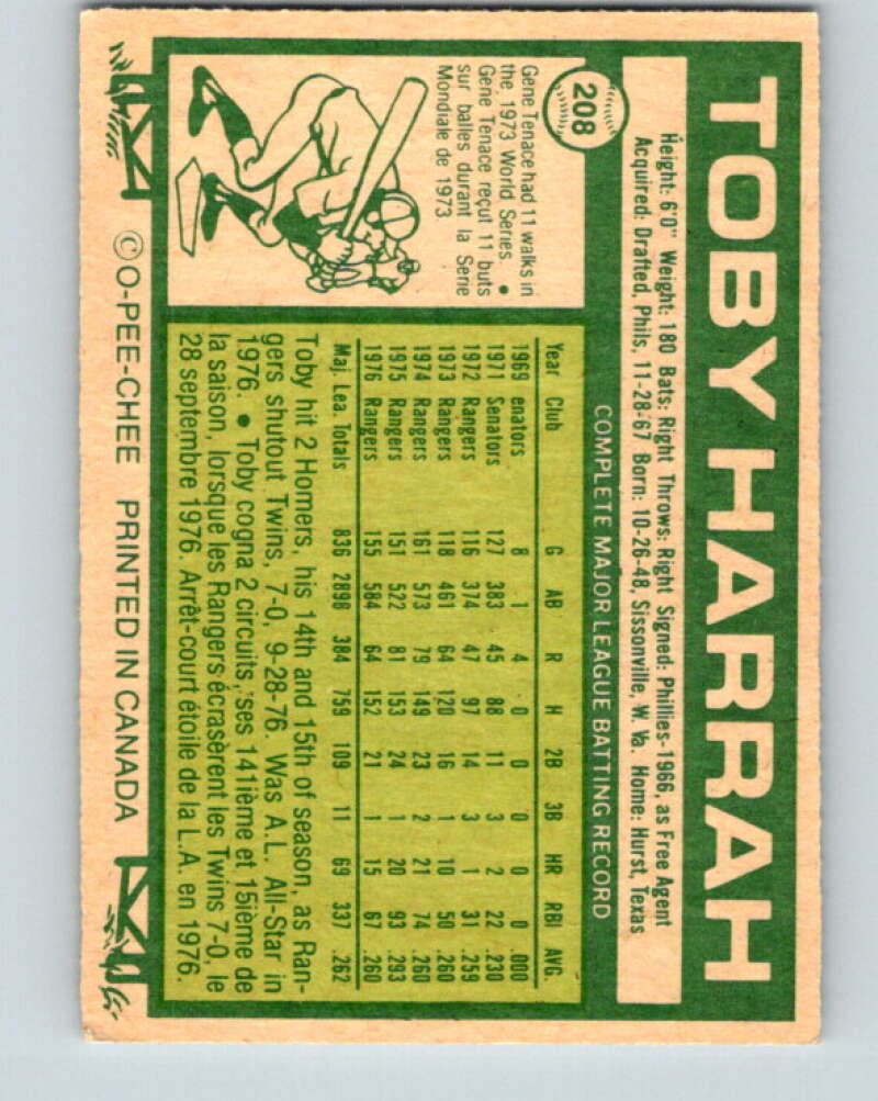 1977 O-Pee-Chee #208 Toby Harrah Texas Rangers V29243