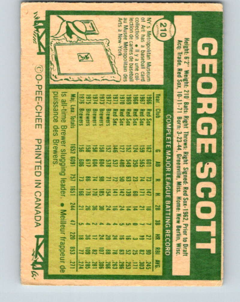 1977 O-Pee-Chee #210 George Scott Boston Red Sox V29248