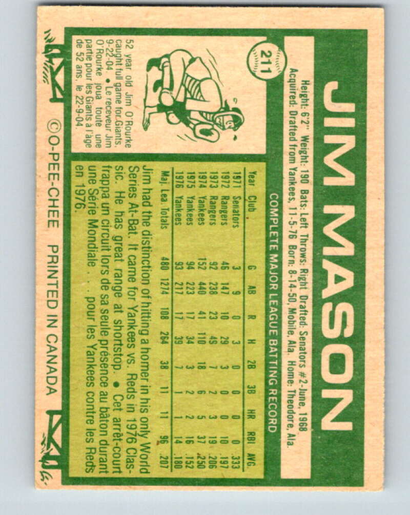 1977 O-Pee-Chee #211 Jim Mason Toronto Blue Jays V29250