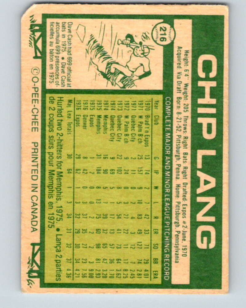 1977 O-Pee-Chee #216 Chip Lang Montreal Expos V29260