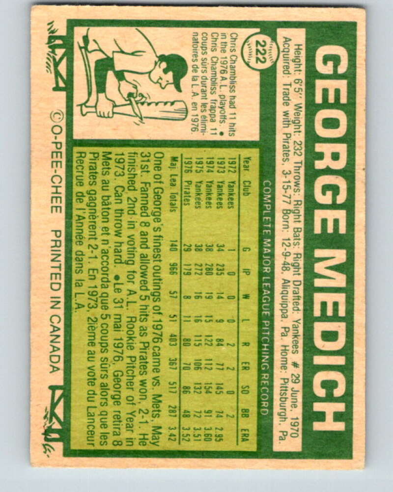 1977 O-Pee-Chee #222 Doc Medich Oakland Athletics V29271