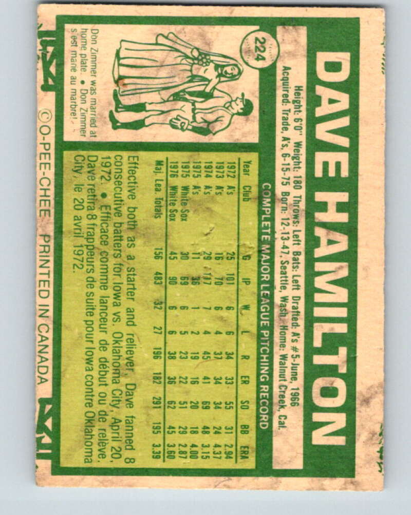 1977 O-Pee-Chee #224 Dave Hamilton Chicago White Sox V29278
