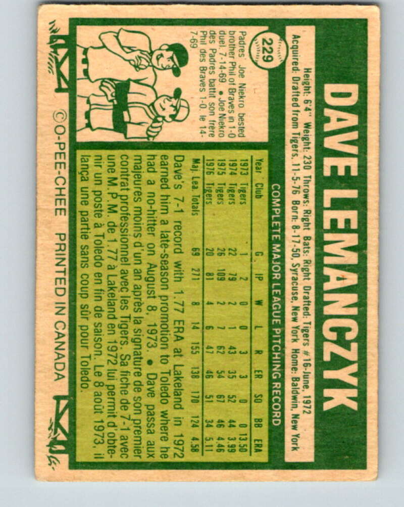 1977 O-Pee-Chee #229 Dave Lemanczyk Toronto Blue Jays V29293