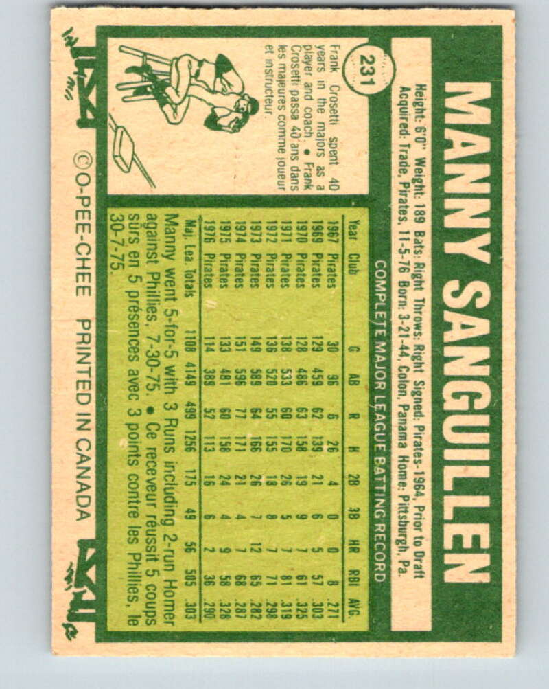 1977 O-Pee-Chee #231 Manny Sanguillen Oakland Athletics V29296