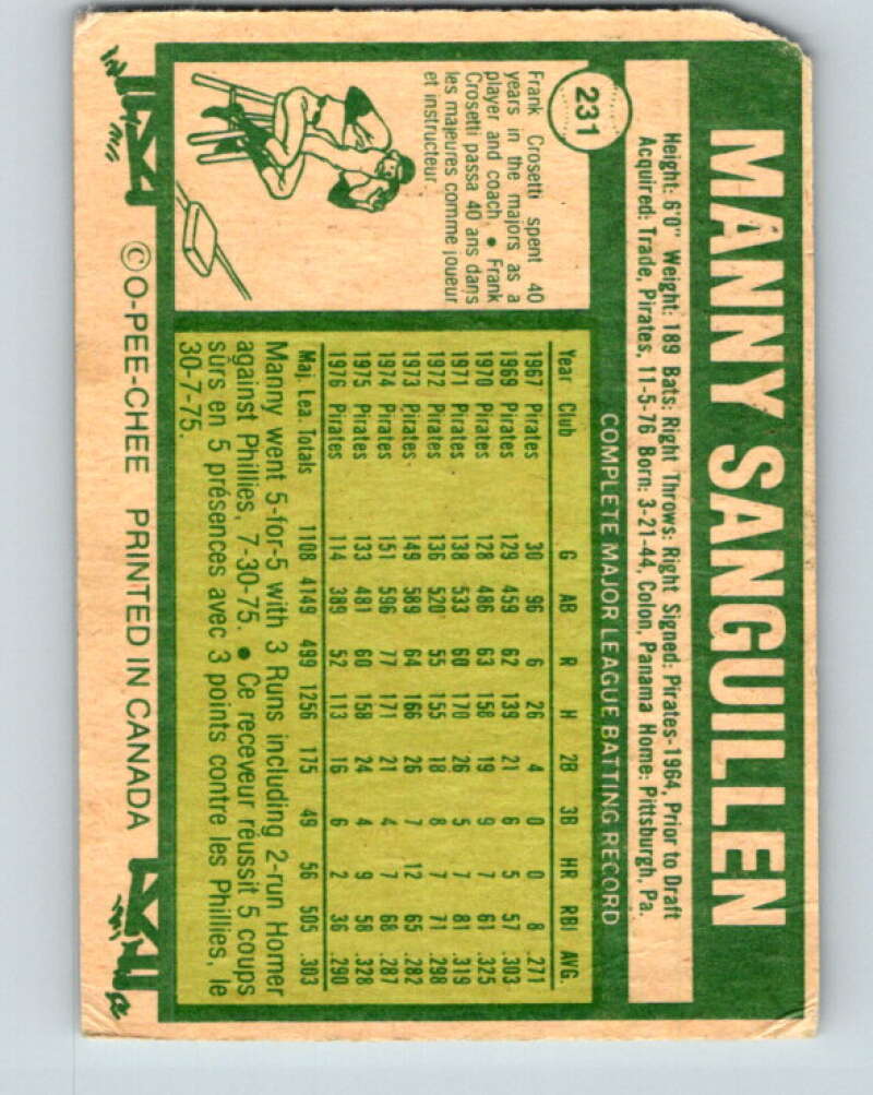 1977 O-Pee-Chee #231 Manny Sanguillen Oakland Athletics V29297