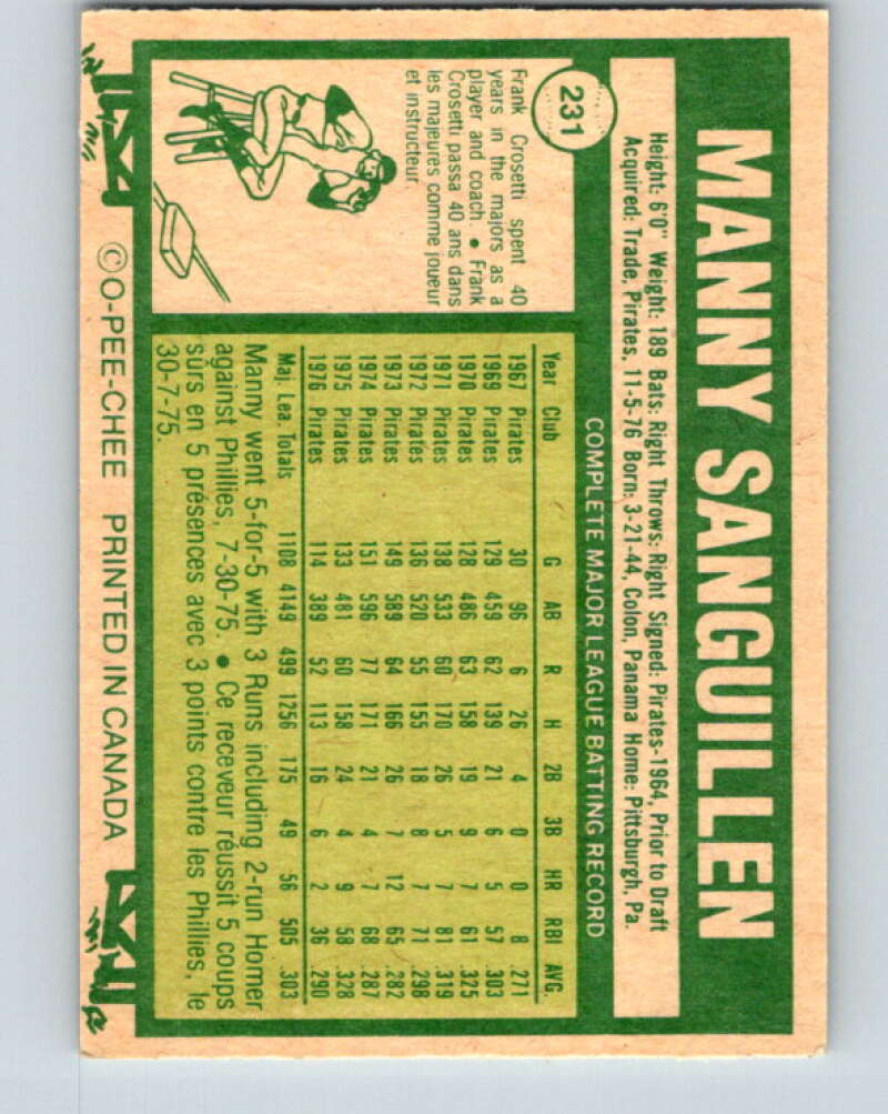 1977 O-Pee-Chee #231 Manny Sanguillen Oakland Athletics V29298