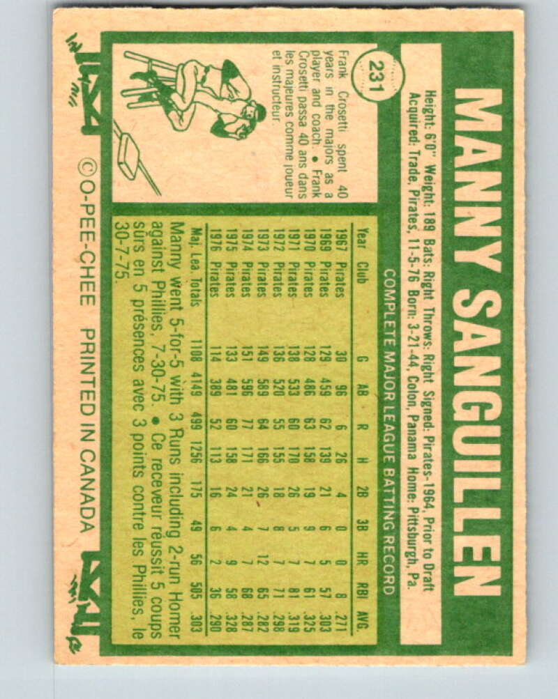 1977 O-Pee-Chee #231 Manny Sanguillen Oakland Athletics V29299