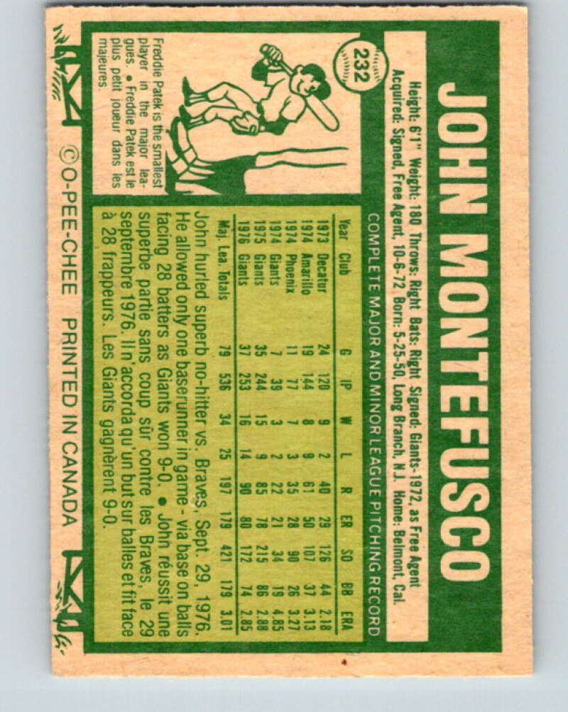 1977 O-Pee-Chee #232 John Montefusco San Francisco Giants V29300