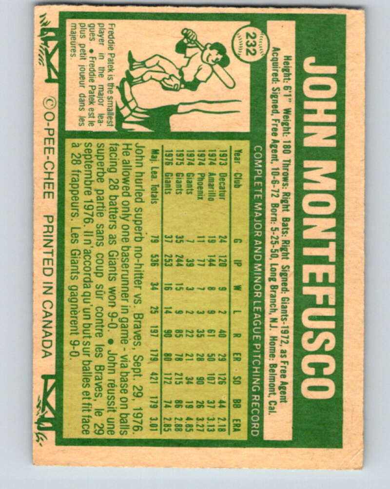 1977 O-Pee-Chee #232 John Montefusco San Francisco Giants V29301