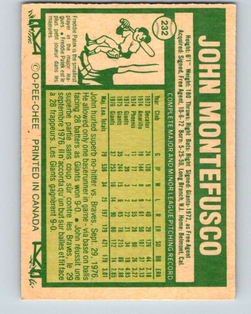 1977 O-Pee-Chee #232 John Montefusco San Francisco Giants V29302