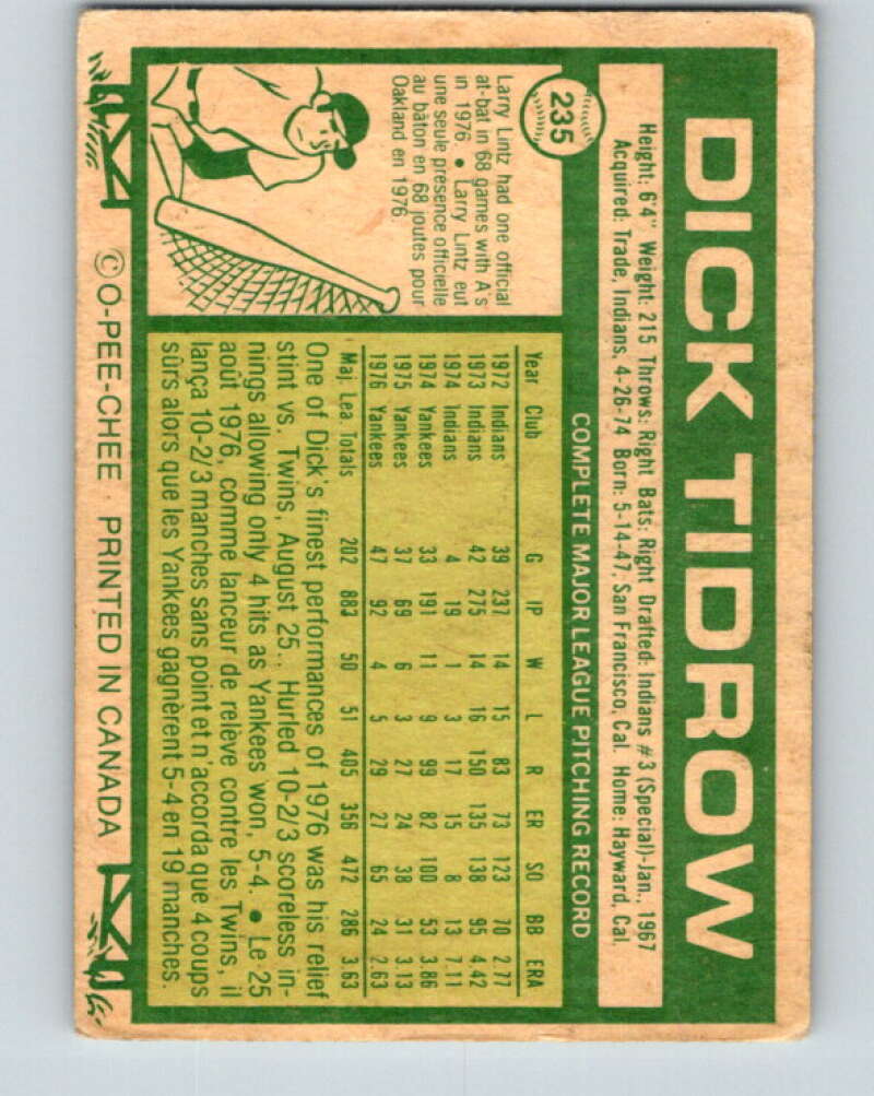 1977 O-Pee-Chee #235 Dick Tidrow New York Yankees V29312
