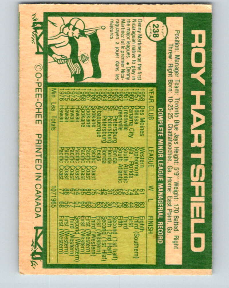 1977 O-Pee-Chee #238 Roy Hartsfield MG Toronto Blue Jays V29314