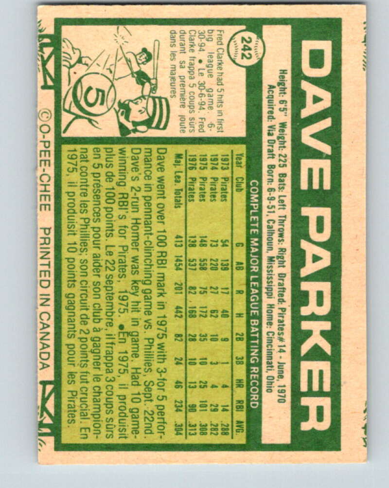 1977 O-Pee-Chee #242 Dave Parker Pittsburgh Pirates V29326