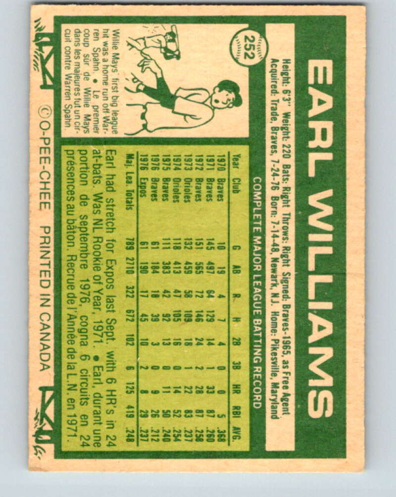 1977 O-Pee-Chee #252 Earl Williams Montreal Expos V29343