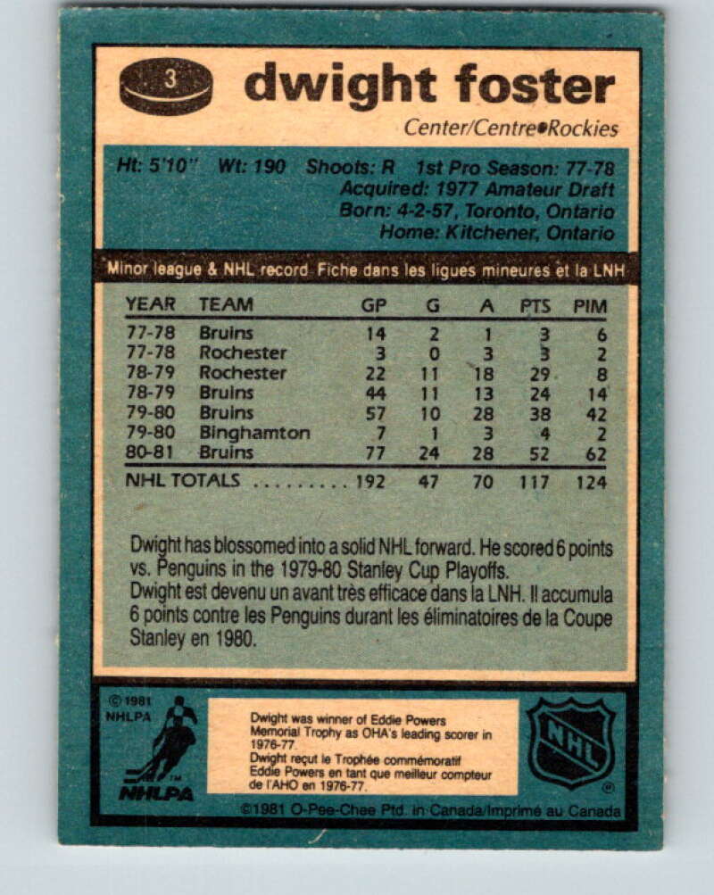 1981-82 O-Pee-Chee #3 Dwight Foster Colorado Rockies V29384