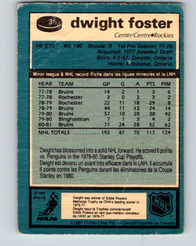 1981-82 O-Pee-Chee #3 Dwight Foster Colorado Rockies V29386