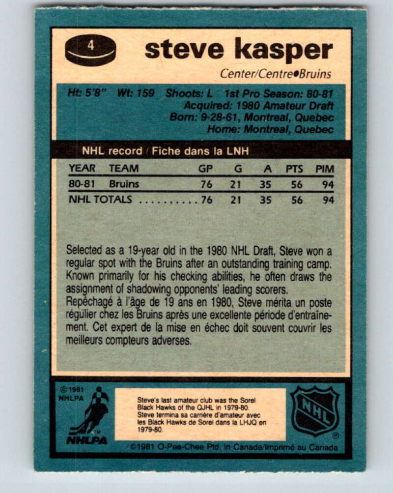 1981-82 O-Pee-Chee #4 Steve Kasper RC Rookie Boston Bruins V29388