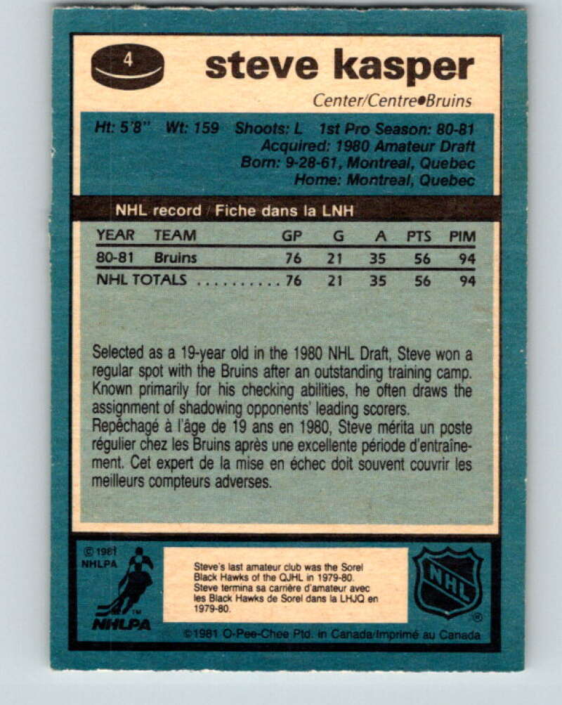 1981-82 O-Pee-Chee #4 Steve Kasper RC Rookie Boston Bruins V29389