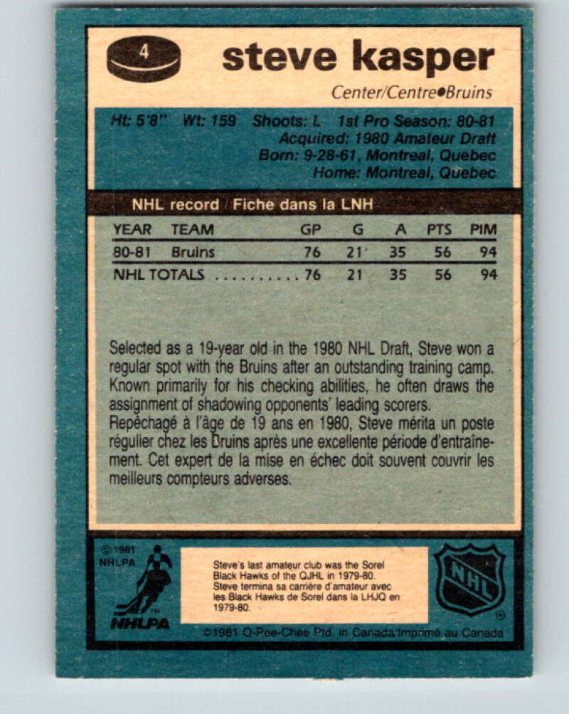 1981-82 O-Pee-Chee #4 Steve Kasper RC Rookie Boston Bruins V29390