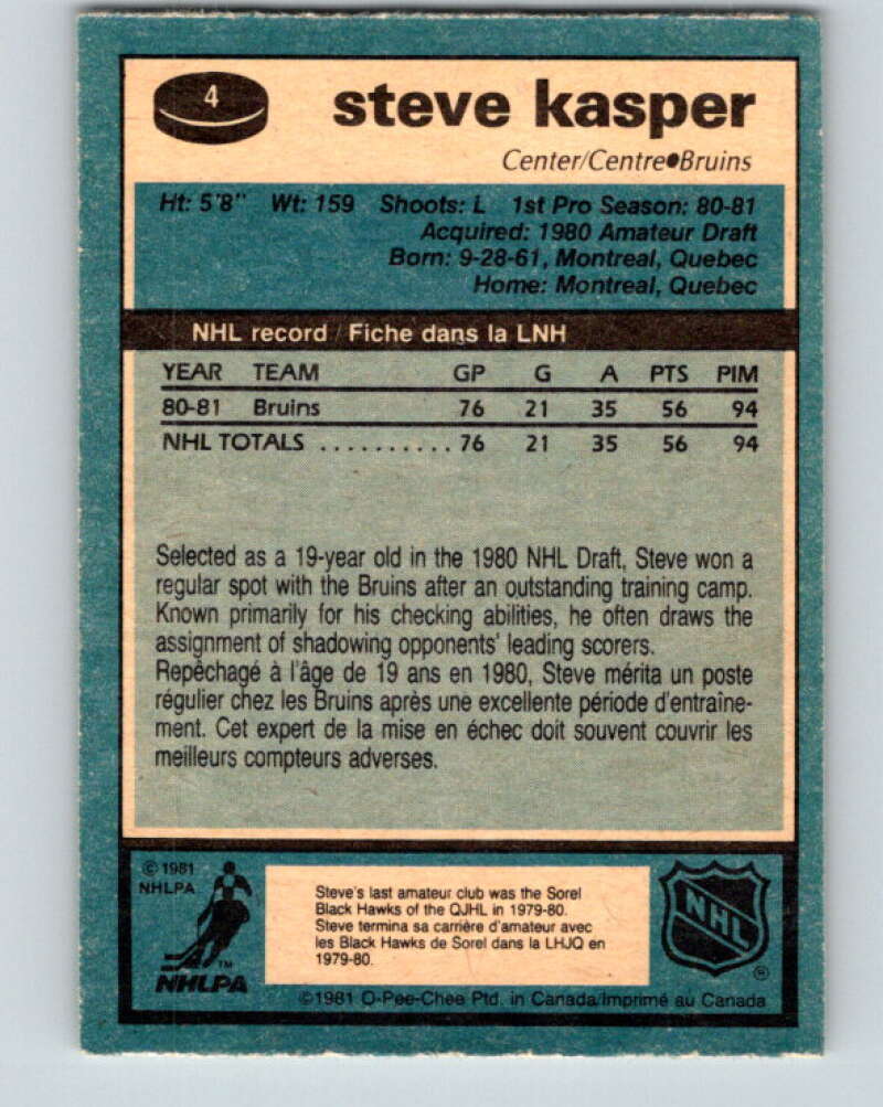 1981-82 O-Pee-Chee #4 Steve Kasper RC Rookie Boston Bruins V29391