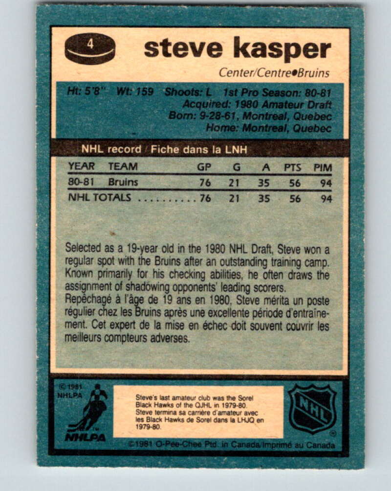 1981-82 O-Pee-Chee #4 Steve Kasper  RC Rookie Boston Bruins  V29392