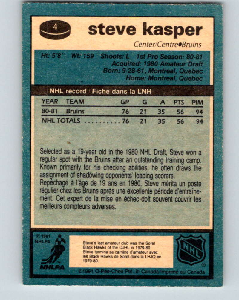 1981-82 O-Pee-Chee #4 Steve Kasper RC Rookie Boston Bruins V29392