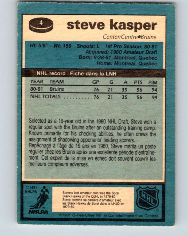 1981-82 O-Pee-Chee #4 Steve Kasper  RC Rookie Boston Bruins  V29393