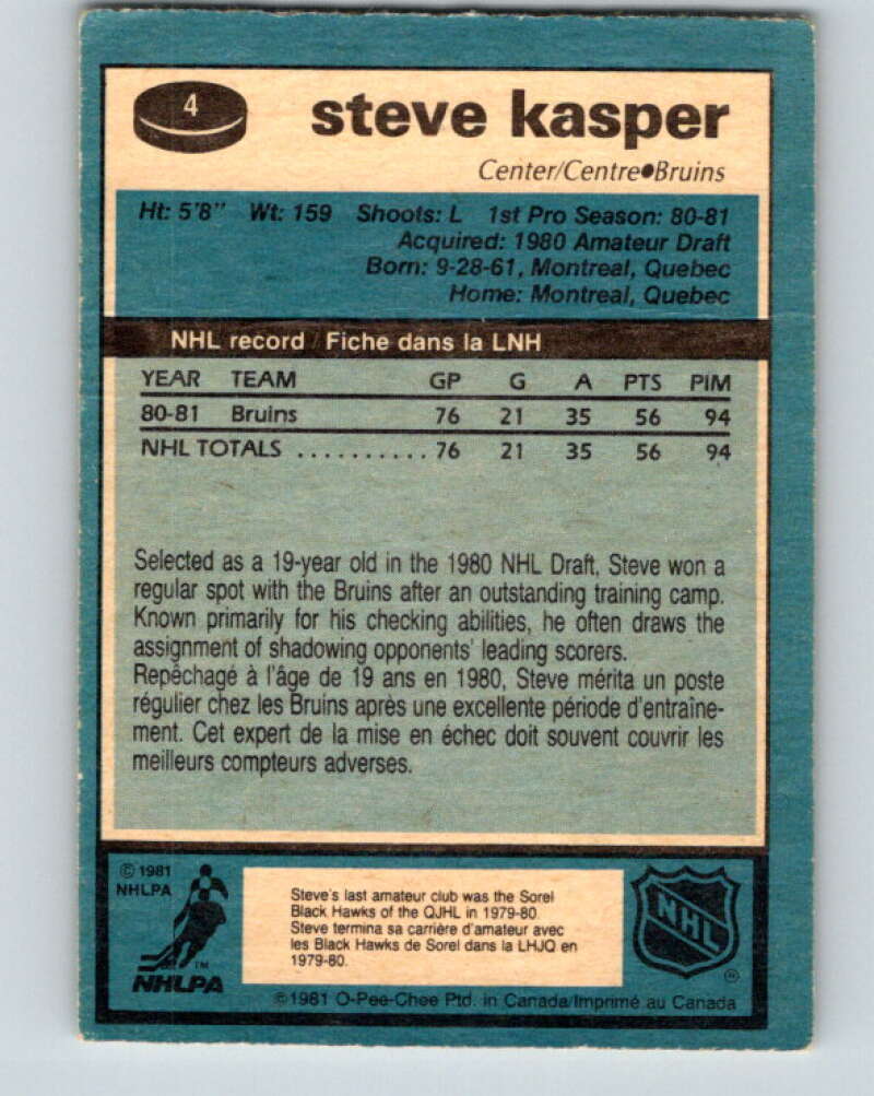 1981-82 O-Pee-Chee #4 Steve Kasper RC Rookie Boston Bruins V29393