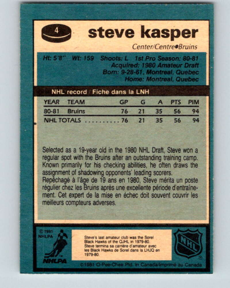 1981-82 O-Pee-Chee #4 Steve Kasper RC Rookie Boston Bruins V29394