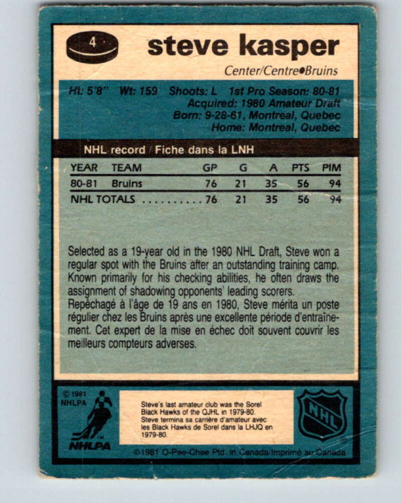 1981-82 O-Pee-Chee #4 Steve Kasper RC Rookie Boston Bruins V29395