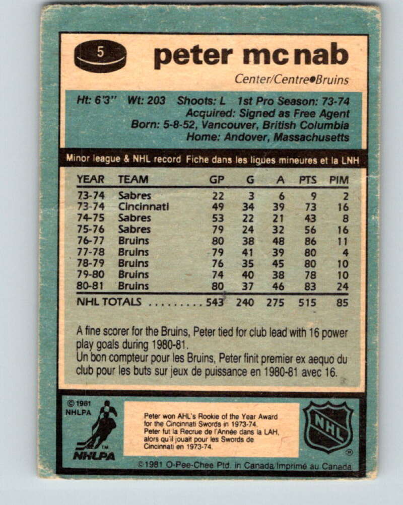 1981-82 O-Pee-Chee #5 Peter McNab Boston Bruins V29398