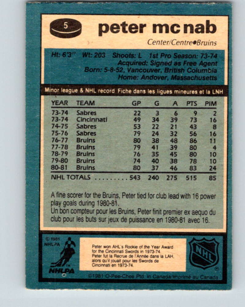 1981-82 O-Pee-Chee #5 Peter McNab Boston Bruins V29400