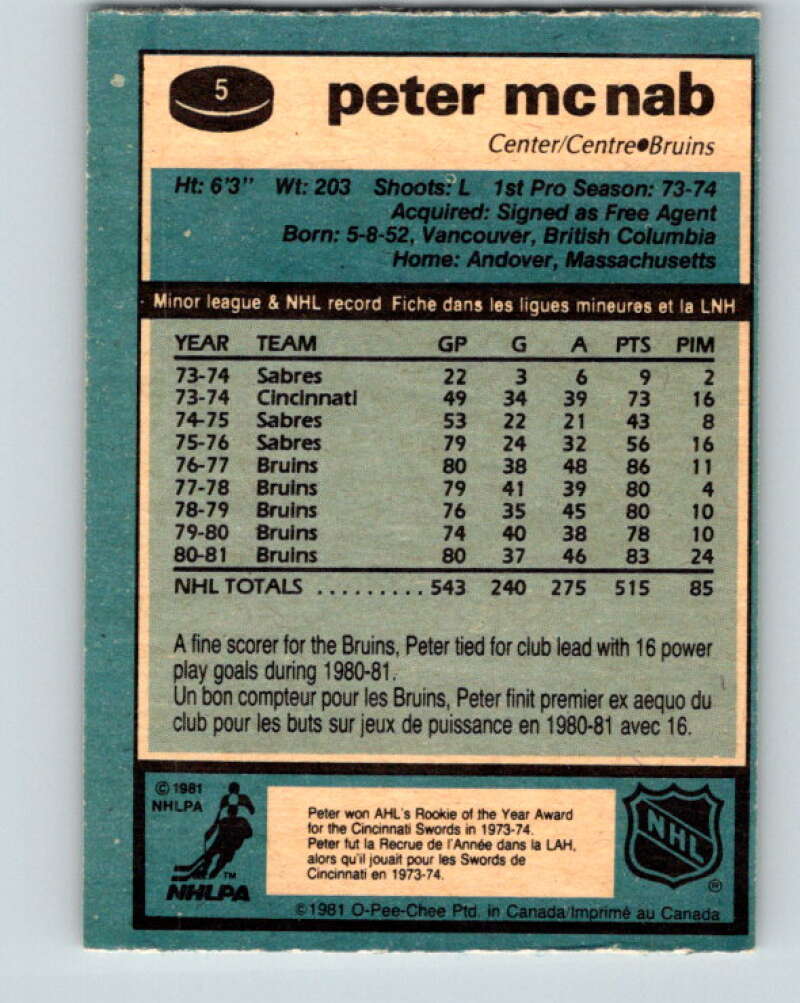 1981-82 O-Pee-Chee #5 Peter McNab Boston Bruins V29401