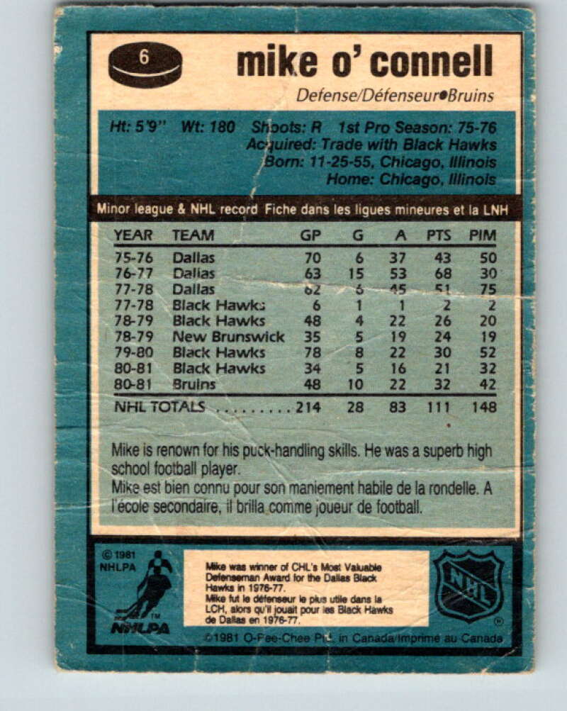 1981-82 O-Pee-Chee #6 Mike O'Connell Boston Bruins V29402