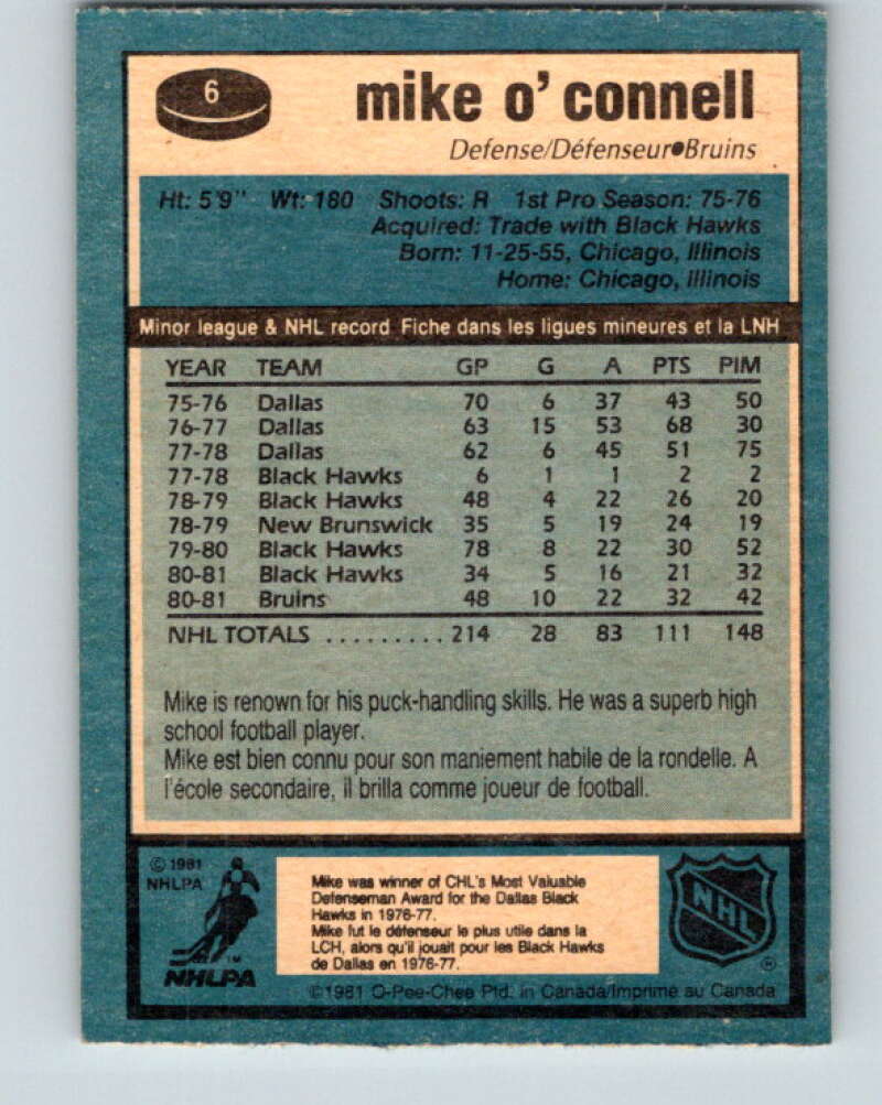 1981-82 O-Pee-Chee #6 Mike O'Connell Boston Bruins V29403