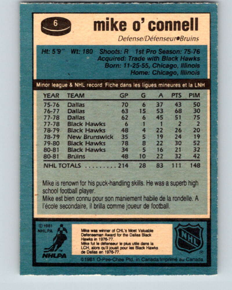 1981-82 O-Pee-Chee #6 Mike O'Connell Boston Bruins V29404