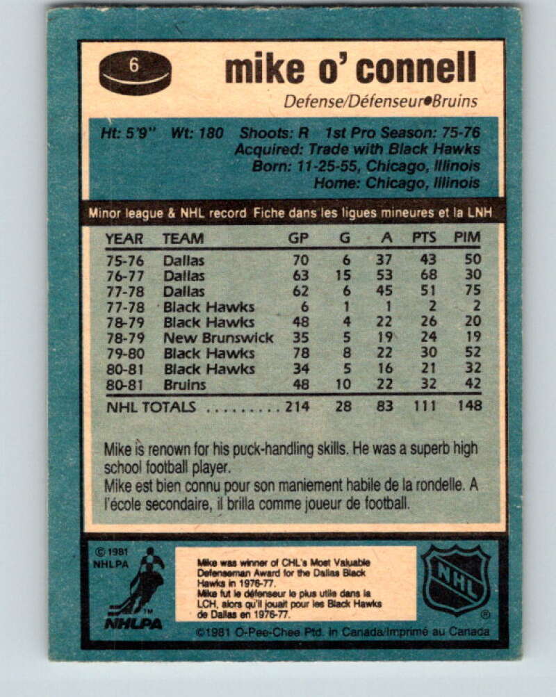 1981-82 O-Pee-Chee #6 Mike O'Connell Boston Bruins V29405