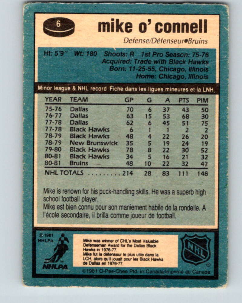 1981-82 O-Pee-Chee #6 Mike O'Connell Boston Bruins V29406