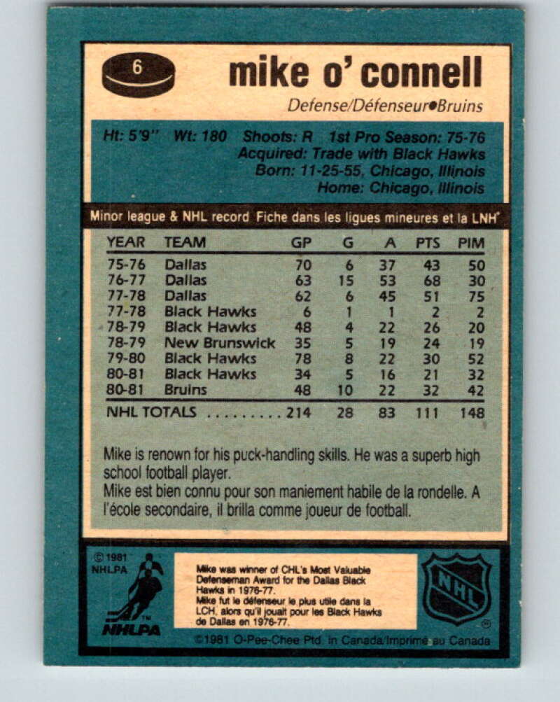 1981-82 O-Pee-Chee #6 Mike O'Connell Boston Bruins V29407