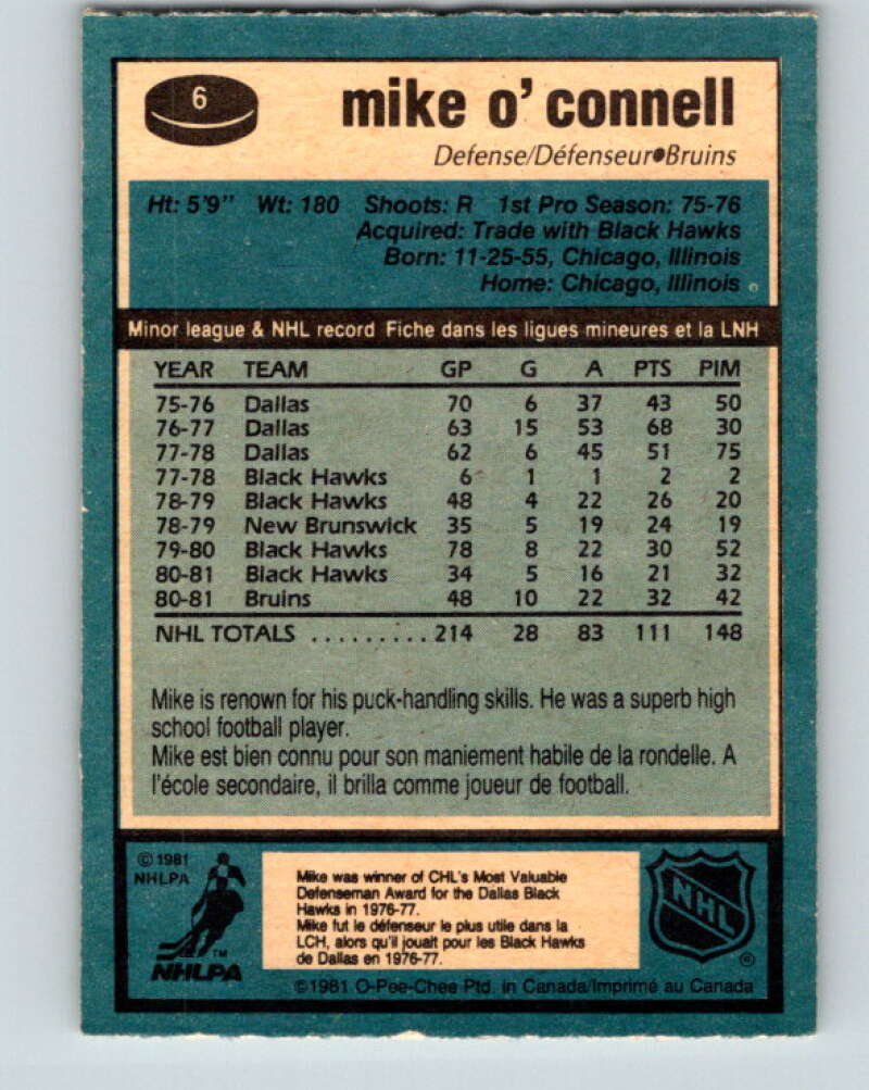1981-82 O-Pee-Chee #6 Mike O'Connell  Boston Bruins  V29408