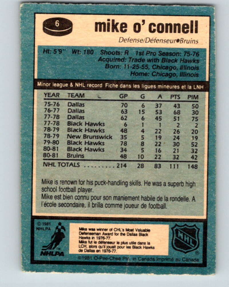 1981-82 O-Pee-Chee #6 Mike O'Connell Boston Bruins V29409