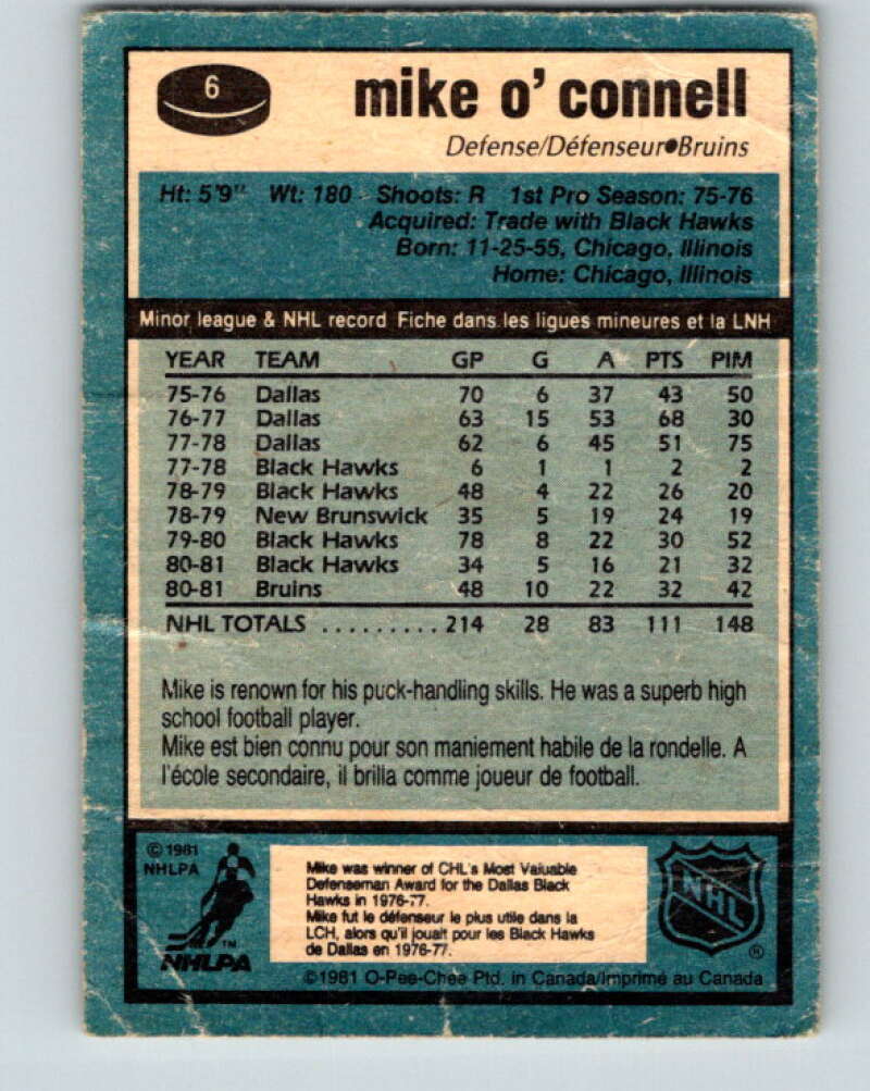 1981-82 O-Pee-Chee #6 Mike O'Connell Boston Bruins V29411