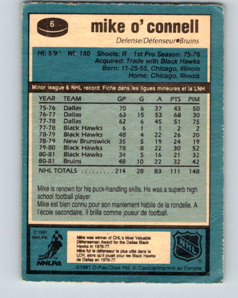 1981-82 O-Pee-Chee #6 Mike O'Connell Boston Bruins V29412
