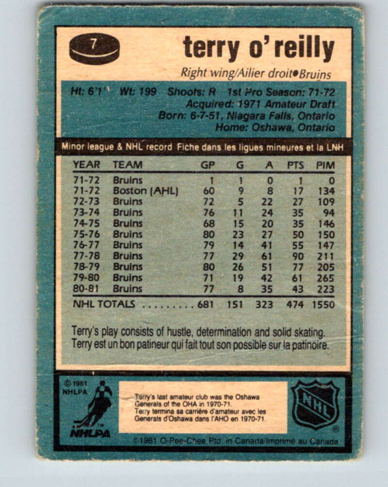 1981-82 O-Pee-Chee #7 Terry O'Reilly Boston Bruins V29413