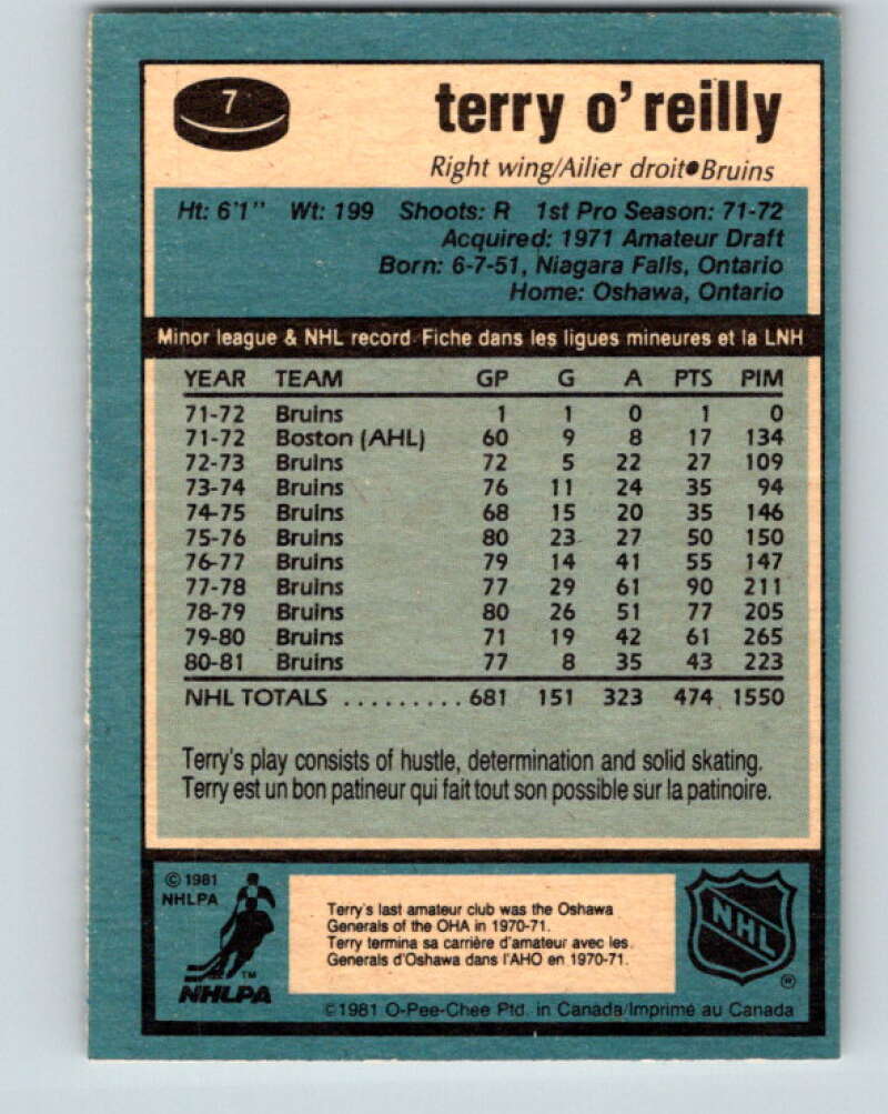 1981-82 O-Pee-Chee #7 Terry O'Reilly Boston Bruins V29414