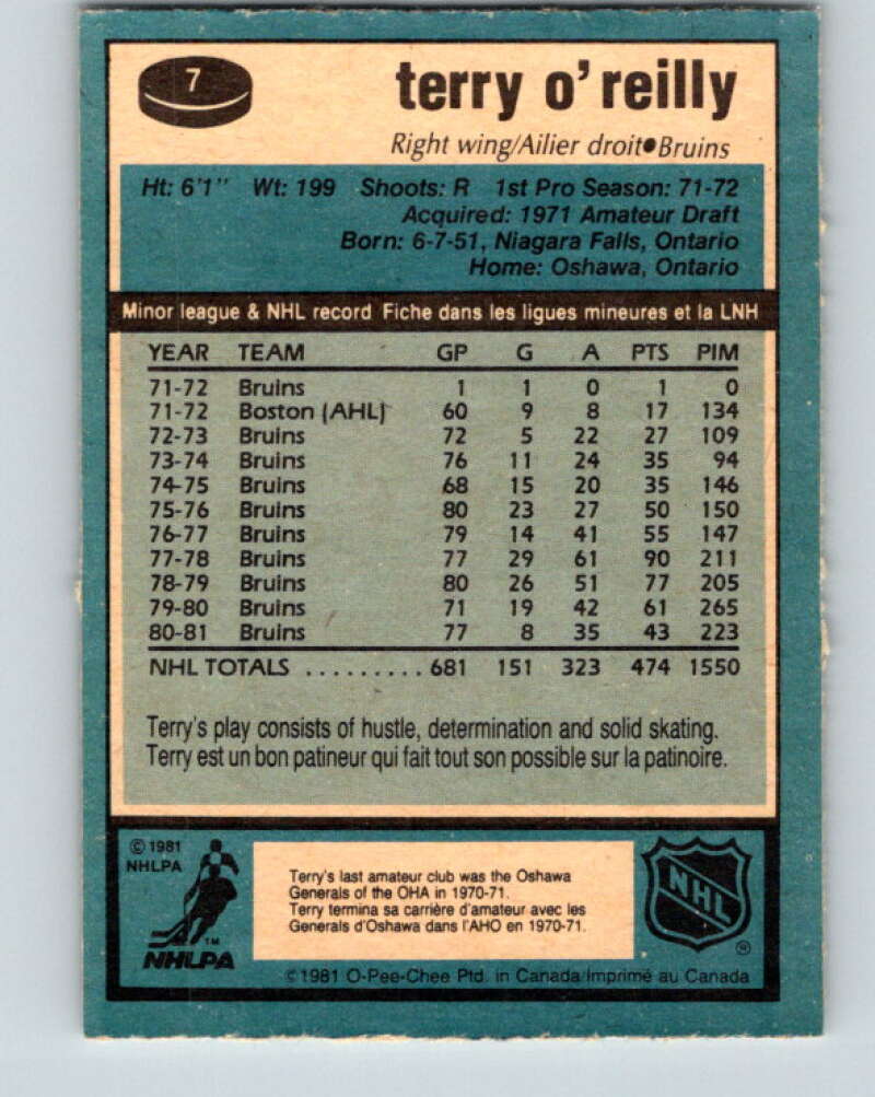 1981-82 O-Pee-Chee #7 Terry O'Reilly Boston Bruins V29416