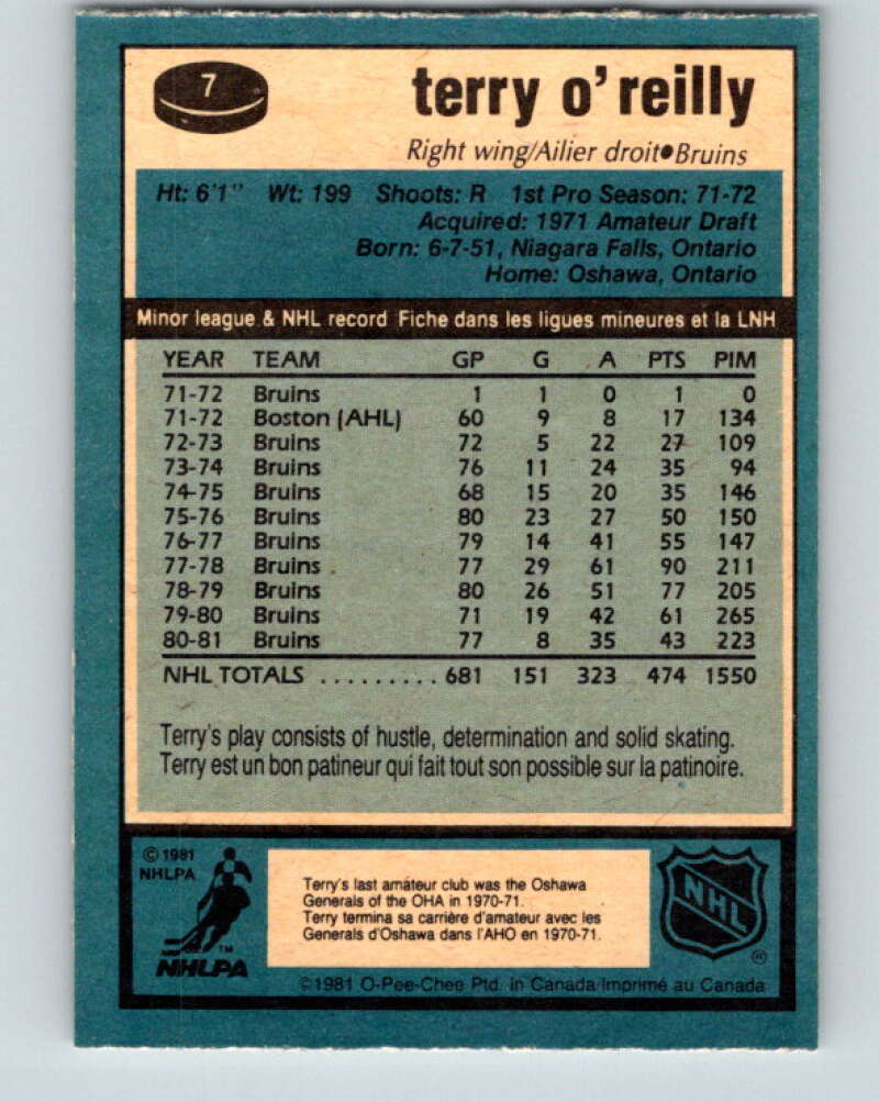 1981-82 O-Pee-Chee #7 Terry O'Reilly Boston Bruins V29417