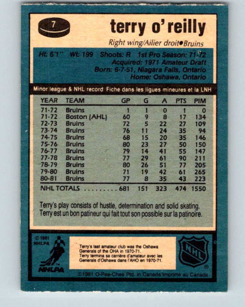 1981-82 O-Pee-Chee #7 Terry O'Reilly Boston Bruins V29418