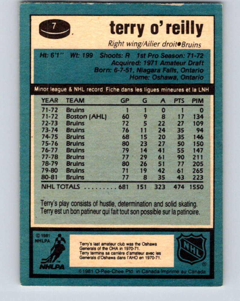 1981-82 O-Pee-Chee #7 Terry O'Reilly Boston Bruins V29419