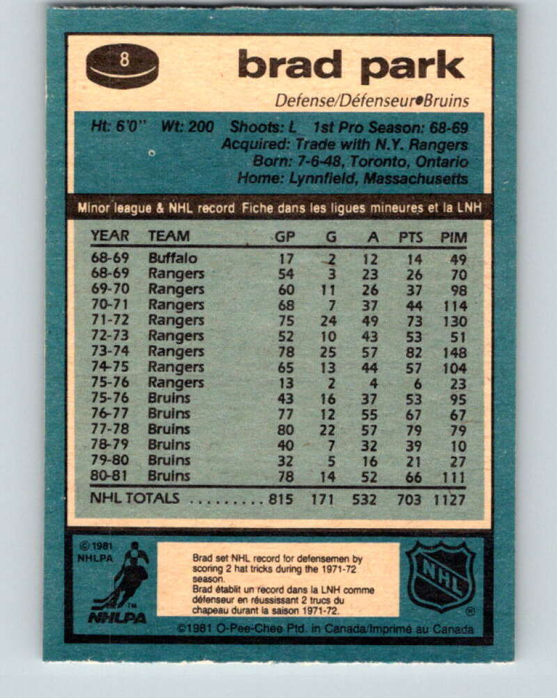 1981-82 O-Pee-Chee #8 Brad Park Boston Bruins V29420